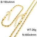 Golden stainless steel twisted rope chain set with necklace and bracelet lobster clasp - 4mm Gold
