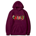 Burgundy Christmas hoodie featuring Charlie festive print with leopard and plaid patterns - Burgundy