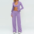 Three-piece purple brushed yoga set with zip jacket, V-neck bra and wide-leg pants - S / Top And Bottom / Jacket+Bra+Wide Leg Pants—Lilac