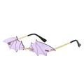 Gothic bat-wing shaped rimless sunglasses with purple lenses and gold metal temples - Purple