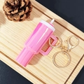 Pink mini water cup keychain with gold metal ring and straw accessory on wood tray - Dazzling Pink / Gold Buckle