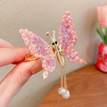 Pink and purple crystal butterfly hair clip with pearl tassels and golden metal frame - Pink Butterfly