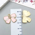 Pink enamel bow pendant with pearls and golden fan charm shown with size ruler - KC Gold Pink Pearl Bowknot