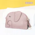 Mini elephant leather coin purse in bean pink with lychee texture and metal keychain - Light Pink