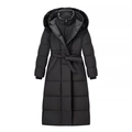 Women's long hooded quilted winter jacket with faux fur trim and waist belt in black color - S / Black