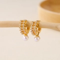 Detail of gold-plated hoop earrings with double-row zircon and hanging white pearls - Double Row Zirconia Hoop Pearl (EH412007)