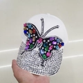 White baseball cap with colorful rhinestone butterfly and crystal-studded brim for women - Adult Size (Adjustable) / White