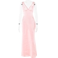 Detail of pink satin long dress featuring a V-neckline and sheer mesh patchwork inserts - S / Pink