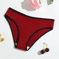 Close-up of ribbed cotton panties in dark red with black trim and a low-rise cut - Burgundy
