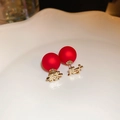 Boucles d'oreilles perles rouges mates avec caractères chinois dorés Prospérité - 66# Tige de boucle d'oreille en argent - Rond rouge fortune