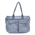 Borsa a tracolla in velluto grigio-blu con fiori rosa, fiocchi e tasche esterne multiple - Fiocco Blu