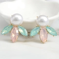 Elegant gold drop earrings with a large white pearl and marquise-cut colorful crystals - Light Green Pink