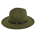 Detail view of olive green wool fedora hat featuring a black leather band and silver buckle - M (56-58cm) / Army Green