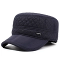 Men's navy blue quilted flat cap with warm lining and metal plaque detail - Navy Blue / Adjustable