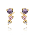 Elegant gold earrings with purple, pink and clear zircon crystals on white background - MAE039 Gold 3-Stone Purple/Pink