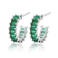 925 silver C-shape hoop earrings with rectangular emerald green square zircons - Silver Green