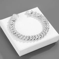 Detailed macro view of 12mm silver Cuban link bracelet with iced-out pave rhinestones - 8 Inch (20cm) Bracelet / Silver