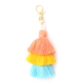 Boho triple layer cotton tassel keychain with orange yellow and blue fringe charms - Orange