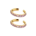 Detail view of gold-plated ear cuffs featuring a row of vibrant pink zircon stones - 24K / Gold Base - Pink Zirconia (JQH0043-GG-2)