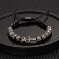 Men's hip-hop black beaded bracelet featuring a micro-paved zircon cross charm pendant - Black Cross Zirconia Ball Bracelet