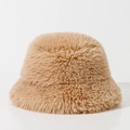 Close-up of thick camel faux fur texture on a warm winter bucket hat for women and men - M (56-58cm) / Khaki