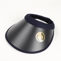 Detail of wide brim sun hat showing gold UPF50+ label and UV protection fabric texture - Navy Blue