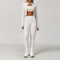 Three-piece cream white yoga set with high waist leggings and thumbhole jacket - Long Sleeve + Bra + Pants Water Lily Apricot