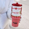 Large vacuum flask with red strawberry grid pattern, straw lid, and portable handle - Red White Grid - Happy Strawberry