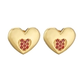 Detailed view of heart-shaped gold earrings with micro-set red zircon stones - Gold Heart Stud Earrings with Red Zirconia