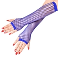 Close-up of blue long fishnet fingerless gloves with elastic ribbed cuffs for party wear - One Size / Royal Blue
