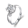 Adjustable S925 sterling silver ring with sparkling round cubic zirconia and side stones - Adjustable Open / Swallowtail Ox Head Four-Prong Pave (1 Carat Effect)