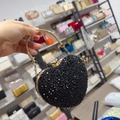 Mini heart-shaped evening bag in black rhinestones with a gold round metal handle - 14cmx6cmx13cm / Black