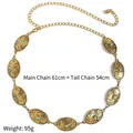 Vintage gold metal waist chain with turquoise-set bull head engraved oval plates - Gold (19641)