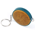 Handmade crazy horse leather mini measuring tape keychain with floral embossed design - Blue Patchwork Carved (Hook Round)