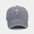 Detail of white PEACE embroidery and cross on a grey washed cotton baseball cap - Washed Grey