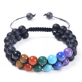 Close-up of double-layer braided 8mm natural stone chakra bracelet with adjustable cord - Matte Black Stone Style/7 Chakra