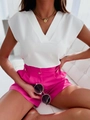 Close-up of white V-neck short sleeve blouse with bright pink high-waisted shorts - S / White