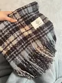 Winter checkered scarf in dark coffee and blue plaid with fringe and brand label - KB Plaid (Elegant Blue)