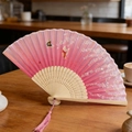 Pink gradient bamboo folding fan with butterfly cherry blossom prints and tassel - Pink Sakura Butterfly