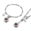 Silver stainless steel jewelry set with red gemstone pendants and white pearls - Steel Color Red Ruby Pendant Set (KS139446-Z)