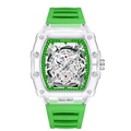 Detail of tonneau-shaped transparent case and green rubber strap on skeleton dial watch - Transparent Green Dial - Green Strap