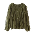 Olive green chiffon V-neck blouse with layered ruffles and long sleeves on white background - XS / Army Green