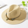 Cappello di paglia beige con nastro di perline colorate e ciondolo a stella marina - M (56-58cm) / Beige
