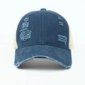 Casquette baseball en denim bleu délavé vintage avec trous usés et maille marron - Bleu Marine