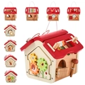 Red multi-functional wooden educational toy house with xylophone, gears, and clock - Activity House Red