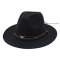 Detail of a black felt cowboy hat featuring a leather band and silver bull head ornament - M (56-58cm) / Black