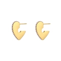 Detailed view of heart-shaped gold studs featuring delicate white pearl trim and pin backing - Gold Heart-Artificial Pearl