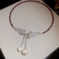 Elegant red beaded necklace with silver wing pendant, sparkling crystals and white pearls - 20# Rhinestone Snake Zircon Heart Pearl Choker