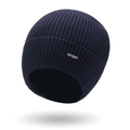 Dark blue winter knit beanie with soft plush lining and sport metal emblem - Hat Only / Navy Blue