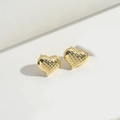 Golden heart stud earrings with textured grid pattern and polished metal finish - Grid Heart (Gold)